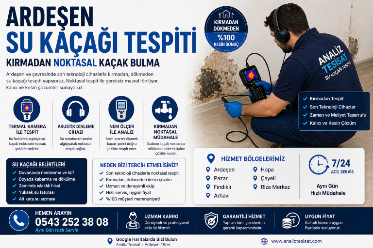 Ardeşen Su Kaçağı Tespiti | Kırmadan Noktasal Kaçak Bulma Rize’nin en yoğun yerleşim bölgelerinden biri olan Ardeşen’de su kaçağı problemleri oldukça sık karşılaşılan bir durumdur. Özellikle eski yapı tesisatları, yoğun kullanım ve Karadeniz’in nemli iklimi, su sızıntılarının daha hızlı ortaya çıkmasına neden olur. Ardeşen su kaçağı tespiti hizmetimiz ile, evinizde veya iş yerinizde oluşan kaçakları kırmadan, dökmeden ve noktasal olarak tespit ediyoruz. Gelişmiş cihazlar sayesinde duvarları kırmadan sorunun yerini belirliyor, sadece gerekli noktaya müdahale ederek hem zaman hem maliyet tasarrufu sağlıyoruz. Ardeşen merkez başta olmak üzere Pazar, Fındıklı, Arhavi ve Hopa bölgelerinde aktif olarak hizmet veriyor, özellikle yakın ilçelerde aynı gün müdahale sağlıyoruz. Su Kaçağı Belirtileri Nelerdir? Su kaçakları çoğu zaman gizli ilerler ve kullanıcı fark ettiğinde sorun büyümüş olur. Aşağıdaki belirtiler Ardeşen’deki birçok ev ve işletmede sık görülmektedir: Duvarlarda nemlenme ve küflenme Boya ve sıva kabarması Zeminde sürekli ıslaklık hissi Alt kata su sızması Beklenmedik yüksek su faturaları Özellikle Ardeşen ve Pazar bölgesinde eski yapıların fazla olması nedeniyle bu belirtiler daha yaygın görülmektedir. Erken müdahale edilmediğinde hem yapı zarar görür hem de maliyet ciddi şekilde artar. Kırmadan Su Kaçağı Tespiti Nasıl Yapılır? Geleneksel yöntemlerde kaçağın bulunması için duvarların kırılması gerekiyordu. Ancak günümüzde teknolojik cihazlar sayesinde bu yöntem tamamen değişmiştir. Kullandığımız profesyonel ekipmanlar: Termal kamera: Sıcaklık farklarını analiz ederek suyun geçtiği noktayı tespit eder Akustik dinleme cihazı: Boru içerisindeki su sesini algılar Nem ölçer cihazlar: Yüzeydeki nem oranını analiz eder Bu sistemler sayesinde Ardeşen su kaçağı tespiti işlemleri tamamen kırmadan ve minimum müdahale ile gerçekleştirilir. Ardeşen, Pazar ve Fındıklı’da Hızlı Servis Avantajı Bölgesel çalışan bir ekip olmamız sayesinde, Ardeşen başta olmak üzere çevre ilçelere çok daha hızlı ulaşabiliyoruz. En yoğun hizmet verdiğimiz bölgeler: Ardeşen merkez Pazar Fındıklı Arhavi Hopa Çayeli Özellikle Ardeşen, Pazar ve Fındıklı bölgelerinde aynı gün servis sunarak acil durumlarda hızlı çözüm sağlıyoruz. Bu da bizi bölgedeki diğer tesisat hizmetlerinden ayıran en önemli avantajlardan biridir. Neden Profesyonel Kaçak Tespiti Şart? Su kaçağı problemlerinde yapılan en büyük hata, sorunu kendi imkanlarıyla çözmeye çalışmaktır. Bu durum çoğu zaman gereksiz kırma işlemlerine ve daha büyük hasarlara yol açar. Profesyonel hizmet almanın avantajları: Gereksiz duvar kırma işlemleri yapılmaz Kaçak noktası net olarak belirlenir Sorun kısa sürede çözülür Ek masrafların önüne geçilir Kalıcı çözüm sağlanır Ardeşen ve çevresinde edindiğimiz saha tecrübesi sayesinde, doğru noktaya hızlı müdahale ederek sorunu kökten çözüyoruz. Google Maps Uyumlu Yerel Hizmet Avantajı Ardeşen’de hizmet veren bir tesisatçı seçerken, bulunduğunuz konuma yakın ekiplerle çalışmak büyük avantaj sağlar. Google Maps üzerinden kolayca ulaşabileceğiniz konumumuz sayesinde size en kısa sürede ulaşabiliyoruz. Yerel hizmet vermenin avantajları: Daha hızlı ulaşım Daha düşük servis süresi Acil durumlara anında müdahale Bölgeye özel tecrübe Ardeşen, Pazar ve Fındıklı bölgelerinde aktif olarak çalışan ekibimiz, konum bazlı hızlı servis avantajı sunmaktadır. Su Kaçağı Sorunlarında Erken Müdahale Önemlidir Su kaçakları zamanla büyüyen ve maliyeti katlanan sorunlardır. Küçük bir sızıntı, zamanla büyük tadilatlara dönüşebilir. Bu nedenle: Belirti gördüğünüz anda müdahale edin Profesyonel ekip çağırın Sorunu büyümeden çözün Ardeşen su kaçağı tespiti hizmetimiz ile erken müdahale ederek büyük maliyetlerin önüne geçiyoruz. Ardeşen Su Kaçağı Tespiti İçin Bize Ulaşın Evinizde veya iş yerinizde su kaçağı problemi yaşıyorsanız, zaman kaybetmeden profesyonel destek almanız gerekir. ardesen su kacagi tespiti